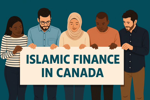 Diverse group of people holding a banner that reads "Islamic Finance in Canada", representing inclusive and Sharia-compliant financial services available in Canada