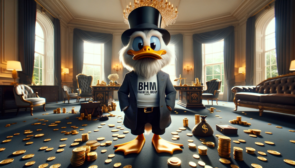 Scrooge McDuck wearing a t-shirt signed BHM Financial Group